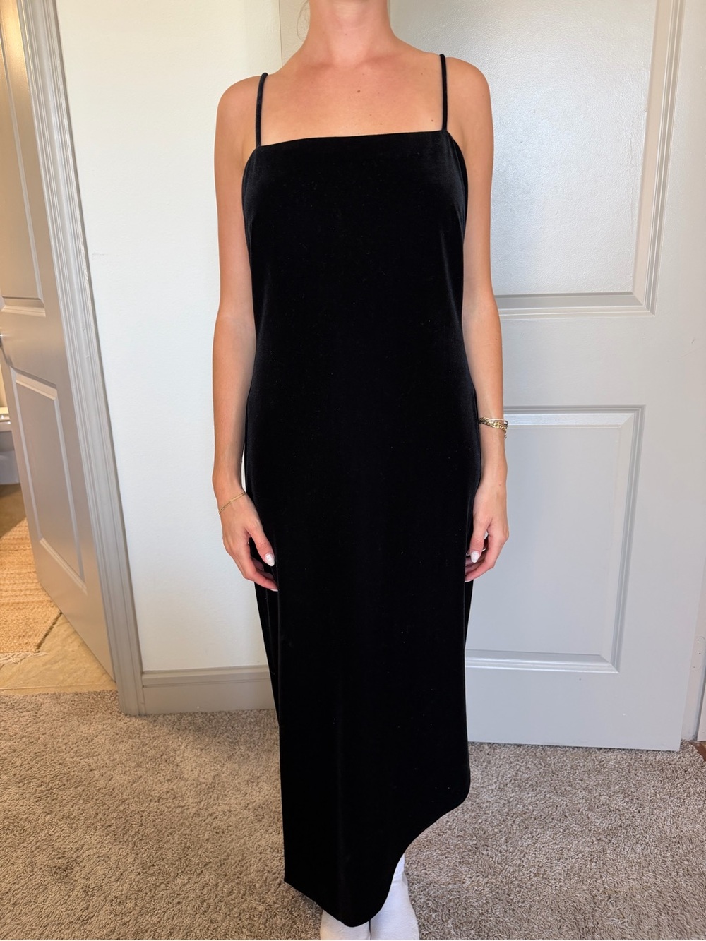 Classic Black Velvet Maxi Slip Dress with Spaghetti Straps